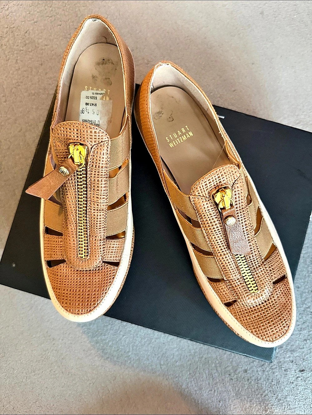 Stuart Weitzman Woven Zip Sneakers in Brown & Cream Size US 8.5 Like New